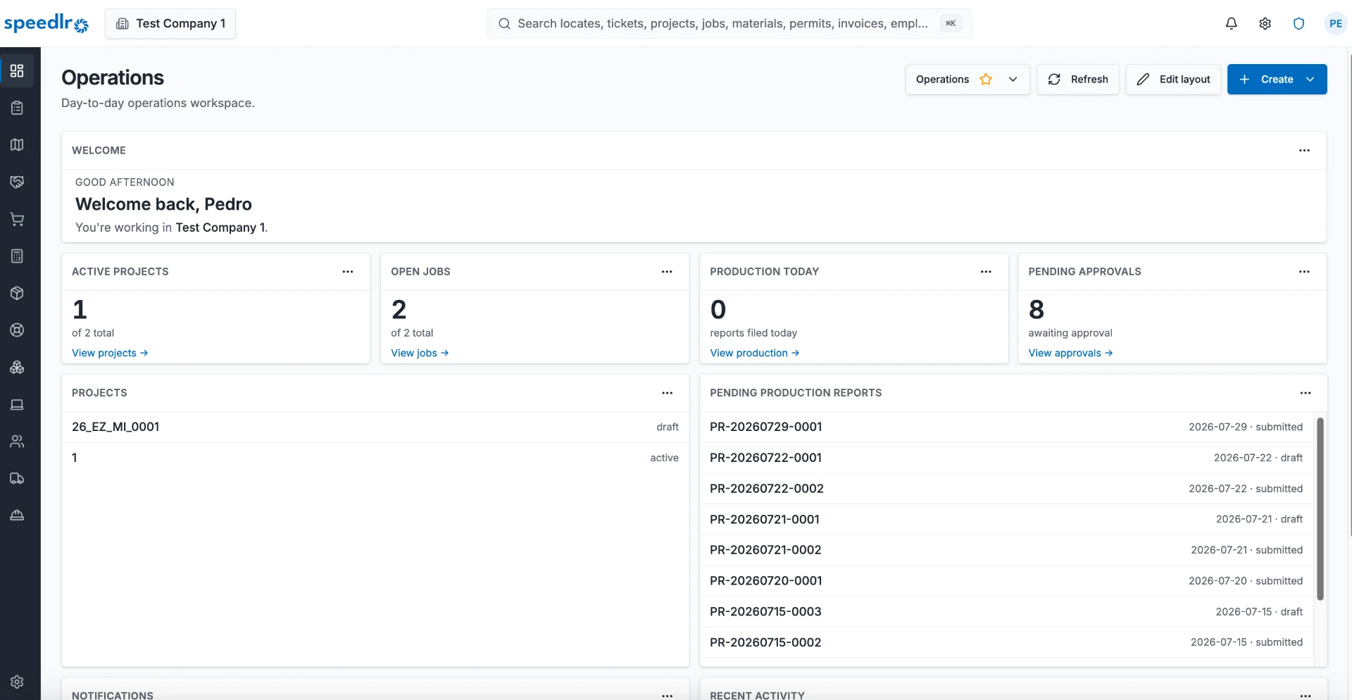 Speedlr operations dashboard with active projects, open jobs and pending approvals