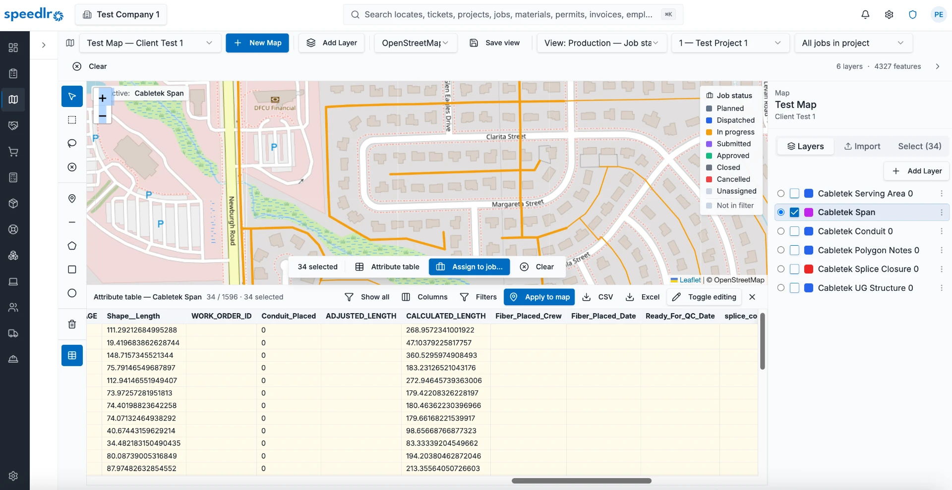 Speedlr GIS map with fiber layers, job status and attribute table